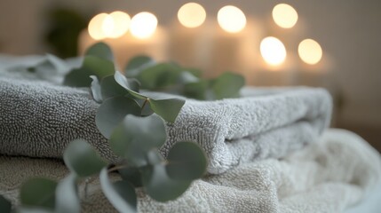 Aufkleber - Soft, textured towels are neatly stacked alongside fresh eucalyptus leaves, creating a calming atmosphere. Candles emit a warm glow in the background, enhancing the eco-friendly spa ambiance.