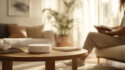 Aufkleber - An individual enjoys a quiet moment in a cozy living room, reading while relaxing around an aromatherapy diffuser. Warm sunlight fills the space, creating a calming and inviting atmosphere.