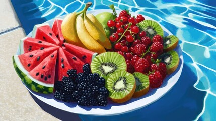 A plate of fresh fruit by a pool.