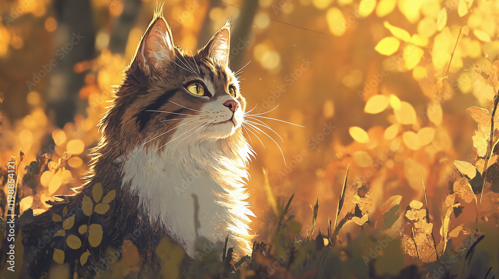 Digital Illustration of a Norwegian Forest Cat in Sunlight with Warm ...