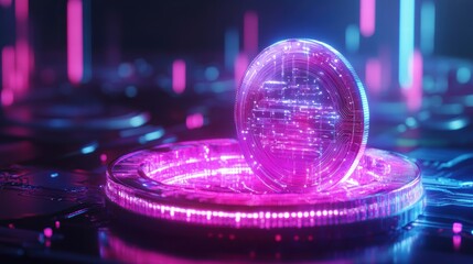 Poster - Vibrant Digital Coin with Glowing Effects in Futuristic Environment