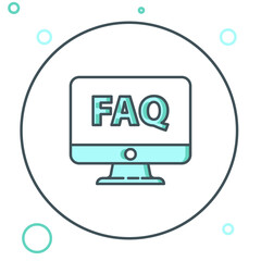 Aufkleber - Line Computer monitor and FAQ icon isolated on white background. Adjusting, service, setting, maintenance, repair, fixing. Colorful outline concept. Vector