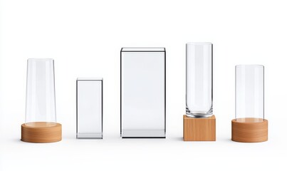 Poster - The modern set of round and rectangular stands for displaying goods are presented on plexiglass or plastic pedestals with different heights. Geometric pillar crystal platform forms the centerpiece of