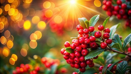 Wall Mural - Close-Up of Vibrant Red Berries Surrounded by Leaves with Dreamy Bokeh Lights in the Background, Capturing the Essence of Autumn's Colors and Warmth