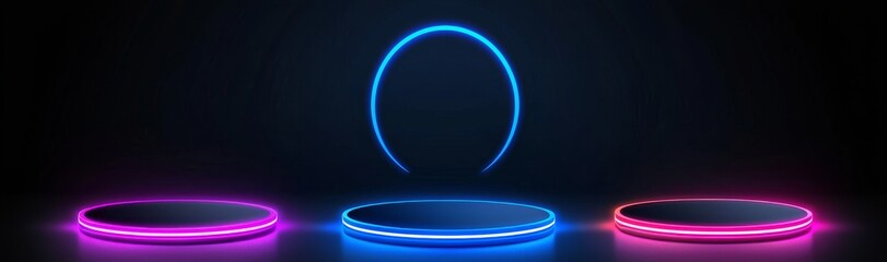 Poster - Neon solar eclipse effect with a round flare. Graphic illustration of a real world space circle halo glow. Abstract blue, pink, and red astronomy illumination ring.