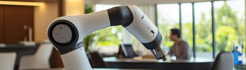 Poster - A robotic arm is showcased in a modern workspace, emphasizing automation and technology integration in professional environments.