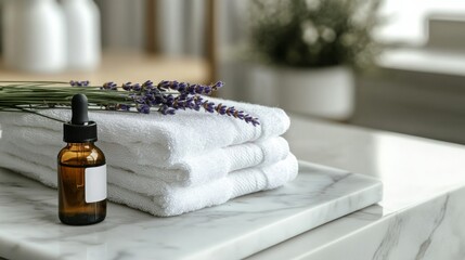 Poster - Soft white towels neatly stacked on a marble surface are accompanied by an amber glass bottle filled with lavender essential oil and fresh lavender sprigs, promoting a zero-waste lifestyle.