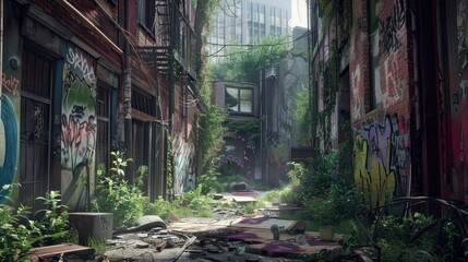 Poster - Abandoned Urban Alleyway with Graffiti and Overgrown Vegetation