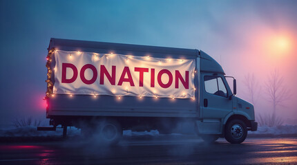 Donation truck with a large banner illuminated by lights on a foggy evening