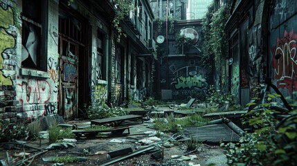 Poster - Abandoned Urban Alleyway Overgrown with Vegetation and Graffiti