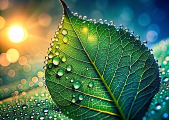 Wall Mural - Close-Up Silhouette of a Leaf with Dewdrops Highlighting Intricate Veins and Translucent Water Droplets Reflecting Light in Nature’s Morning Glow