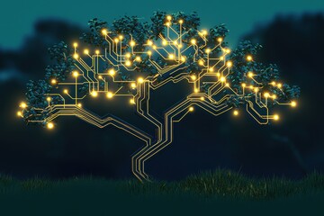 Poster - A glowing tree with circuit-like branches, symbolizing the fusion of nature and technology in a serene, dark environment.