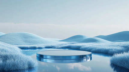 Poster - A blue background with a circular glass podium in the center, modern, sleek, professional design.