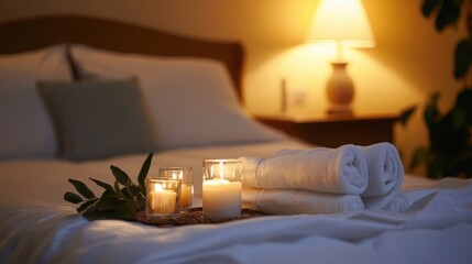 Aufkleber - A serene bedroom features soft lighting and a neatly made bed. Candles and towels sit on a tray, providing a calming atmosphere for an immersive aromatherapy experience.