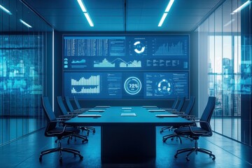 Poster - A modern conference room features a large digital display with data visualizations against a sleek, futuristic backdrop.
