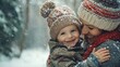 © 99 RIC - Mother and baby laughing together in a snowy winter scene