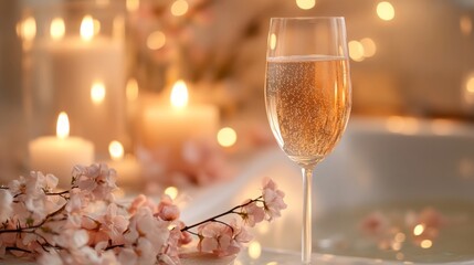 Poster - Indulge in a multisensory experience featuring a champagne glass beside blooming flowers and flickering candles, creating a calming and immersive space ideal for relaxation and self-care.