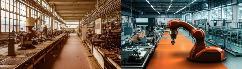 Poster - A split image showing a traditional workshop on the left and a modern automated factory with a robotic arm on the right, highlighting industrial evolution.