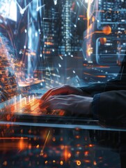 Poster - Hands on Laptop Keyboard with Abstract Digital Elements in Background