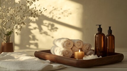 Aufkleber - This space features a wooden tray with neatly rolled towels and amber bottles containing eco-friendly beauty products. A lit candle adds warmth, complemented by gentle natural light streaming in.