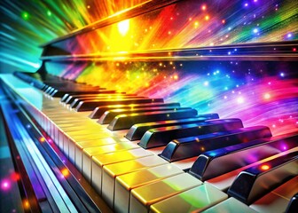 Poster - Colorful Double Exposure of Piano Keys Illustrating Synesthesia, Where Music Vibrantly Transforms into a Spectacle of Colors, Capturing the Essence of Sound and Vision in Harmony