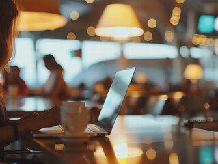 Poster - Focused Female Professional Working on Laptop in Cozy Cafe Setting