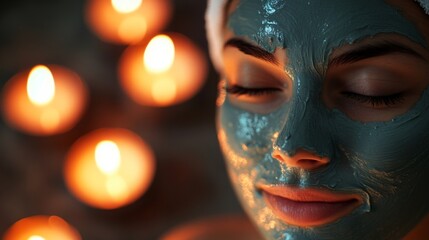 Aufkleber - A person relaxes with a green clay face mask applied, eyes closed in tranquility. Soft candlelight enhances the soothing atmosphere, creating a peaceful home-spa setting in the evening.