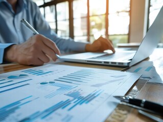 Poster - Business Professional Analyzing Data with Laptop and Graphs at Desk