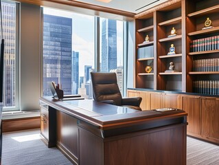 Poster - Modern Executive Office with City View and Stylish Decor Elements