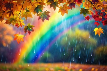 Wall Mural - Colorful Rain and a Vibrant Rainbow Arching Over a Mosaic of Autumn Leaves in a Serene Landscape, Capturing the Beauty of Nature's Palette in a Tranquil Setting