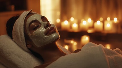 Aufkleber - A woman enjoys a calming home spa session, featuring a facial mask and surrounded by warm candlelight. The serene atmosphere enhances relaxation, promoting beauty and self-care.