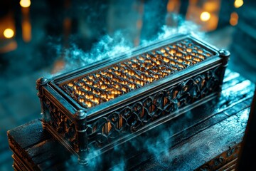 Poster - A dark and moody depiction of an epilation device surrounded by dramatic lighting and ornate gothic patterns, emphasizing elegance and precision