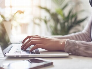 Poster - Person Typing on Laptop with Headphones and Smartphone Nearby