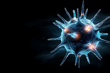Poster - A dramatic image of a virus model floating in an ethereal dark void, with glowing spikes representing its structure