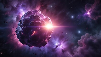 Wall Mural - dark nebula background with glowing purple gas and stars, galaxies, stars, purple