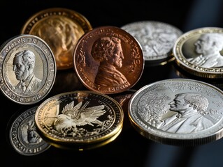 Close-Up of Vintage Coins on Dark Background with Shiny Reflection