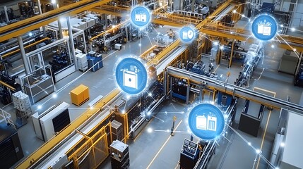Poster - A bustling factory floor filled with interconnected devices, sensors, and machines seamlessly communicating, illustrating the integration of IoT in industrial settings