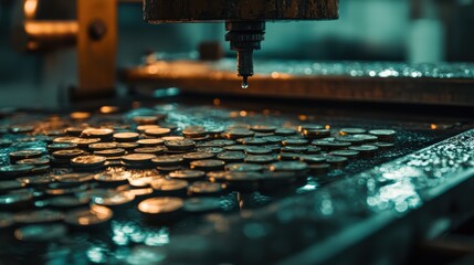 Poster - Precision Manufacturing Process with Coins on a Wet Surface