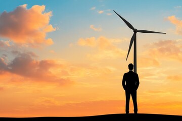 Poster - A flat vector of a wind turbine with a silhouette of an engineer inspecting it, drawn with clean lines and soft gradients
