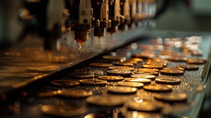 Poster - Close-Up View of Metallic Coins on Production Line with Machinery