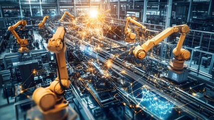 Poster - A bustling factory floor filled with interconnected devices, sensors, and machines seamlessly communicating, illustrating the integration of IoT in industrial settings