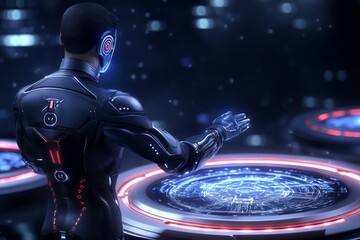 Poster - A futuristic depiction of an engineer controlling holographic blueprints, surrounded by floating screens and advanced technology