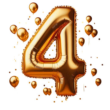 Shiny, metallic gold balloon shaped like the number 4 on isolated white background