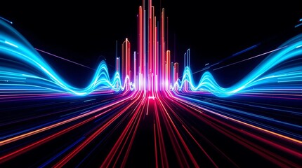 Poster - Optical Data Concept with Abstract Glowing Lines on Dark Background, Representing High-Speed Data Transmission via Optical Fiber Technology