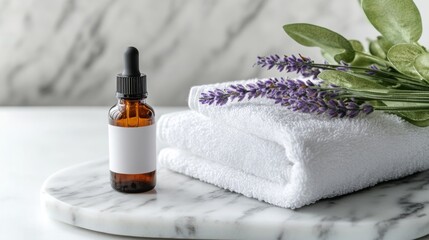 Poster - A brown glass dropper bottle rests on a marble tray beside neatly stacked white towels. Fresh lavender sprigs add a touch of natural beauty, creating a calming atmosphere perfect for self-care.