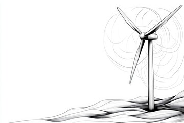 Aufkleber - A minimalist line drawing of a single wind turbine, paired with abstract circular patterns representing wind currents, on a white background
