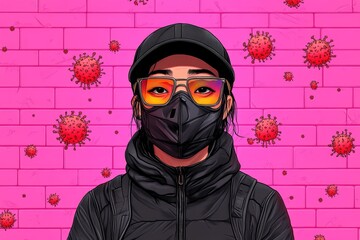 Poster - A pixel art depiction of a masked character standing in front of a quarantine zone, with tiny animated virus particles floating around them