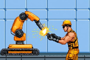 Poster - A pixel art depiction of an engineer fixing a robotic arm, with animated sparks and glowing tools in a retro 8-bit style