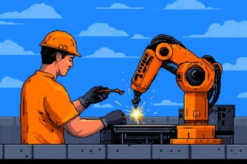 Poster - A pixel art depiction of an engineer fixing a robotic arm, with animated sparks and glowing tools in a retro 8-bit style