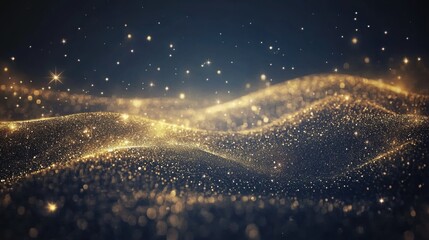 Aufkleber - Golden glitter waves shimmer gracefully against a dark backdrop, providing a captivating ambience and generous space for text display. Generative AI